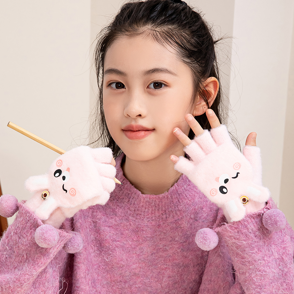유아 아동 키즈 초등 학생 어린이 여아 남아 아이 아기 캐릭터 겨울 털 손가락 반 장갑 - 상세 이미지 2