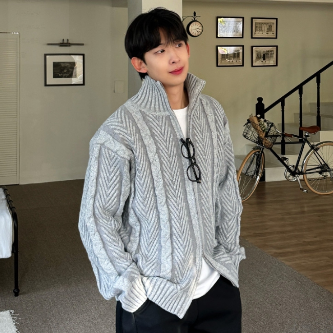 남자 트트 오버핏 가을 겨울 하이넥 울 꽈배기 니트집업