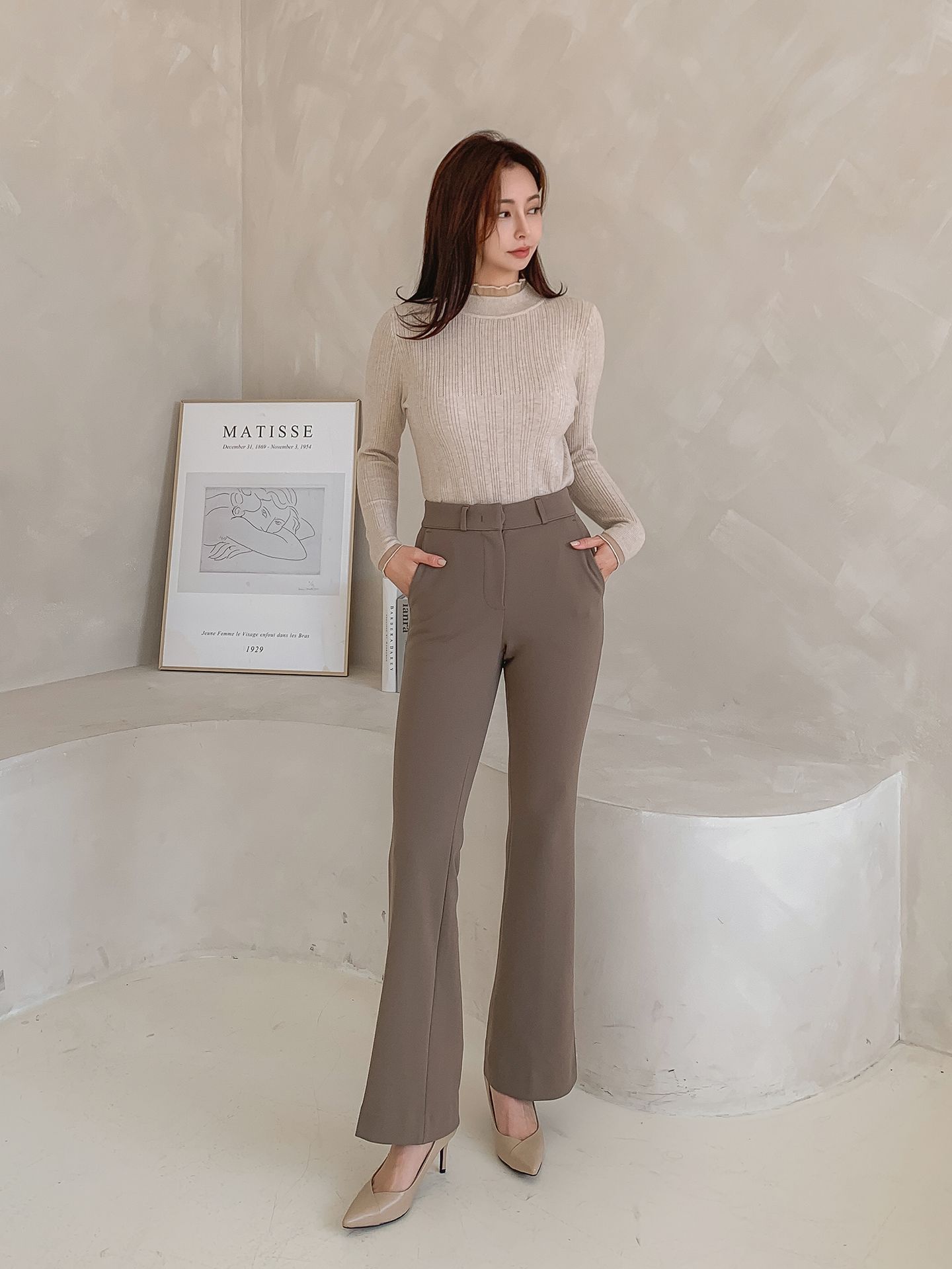 로라벨 큐델 기모바지 슬랙스 부츠컷 팬츠 여성 겨울 밴딩 세미 와이드 하이웨스트 하객룩 - 상세 이미지 4