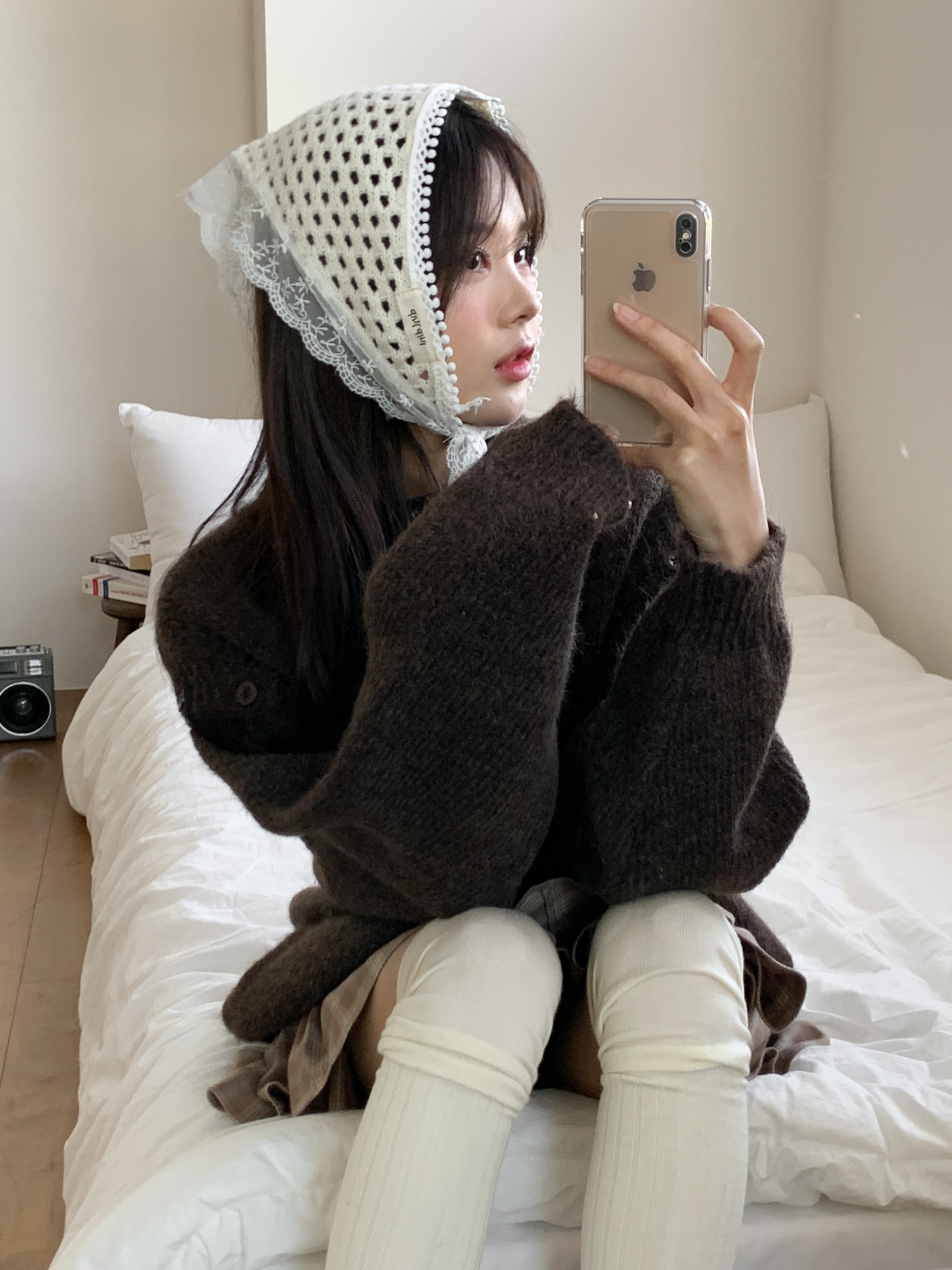 [러블리무드] 에로우 네트 레이스 니트 헤어 두건 2color 상세 이미지 9