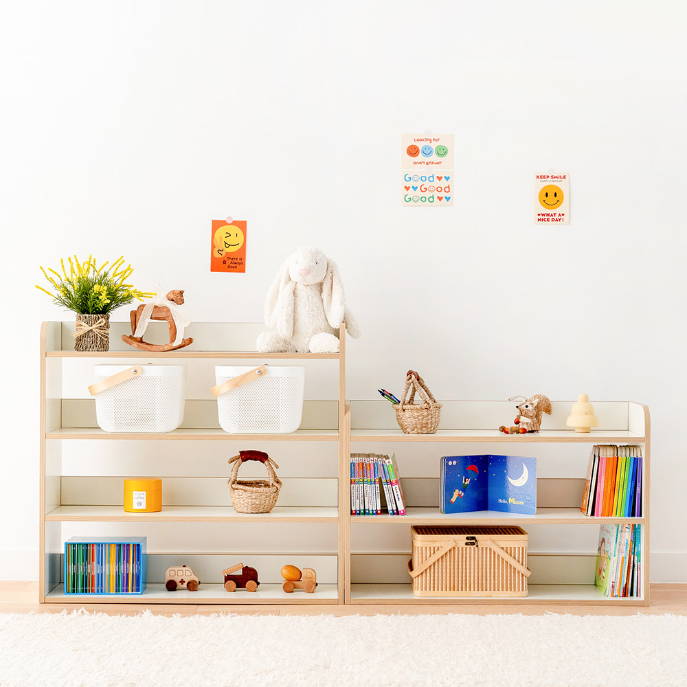 심플룸 라디 올인원 전면 책장 교구장 아기 유아 3단 낮은