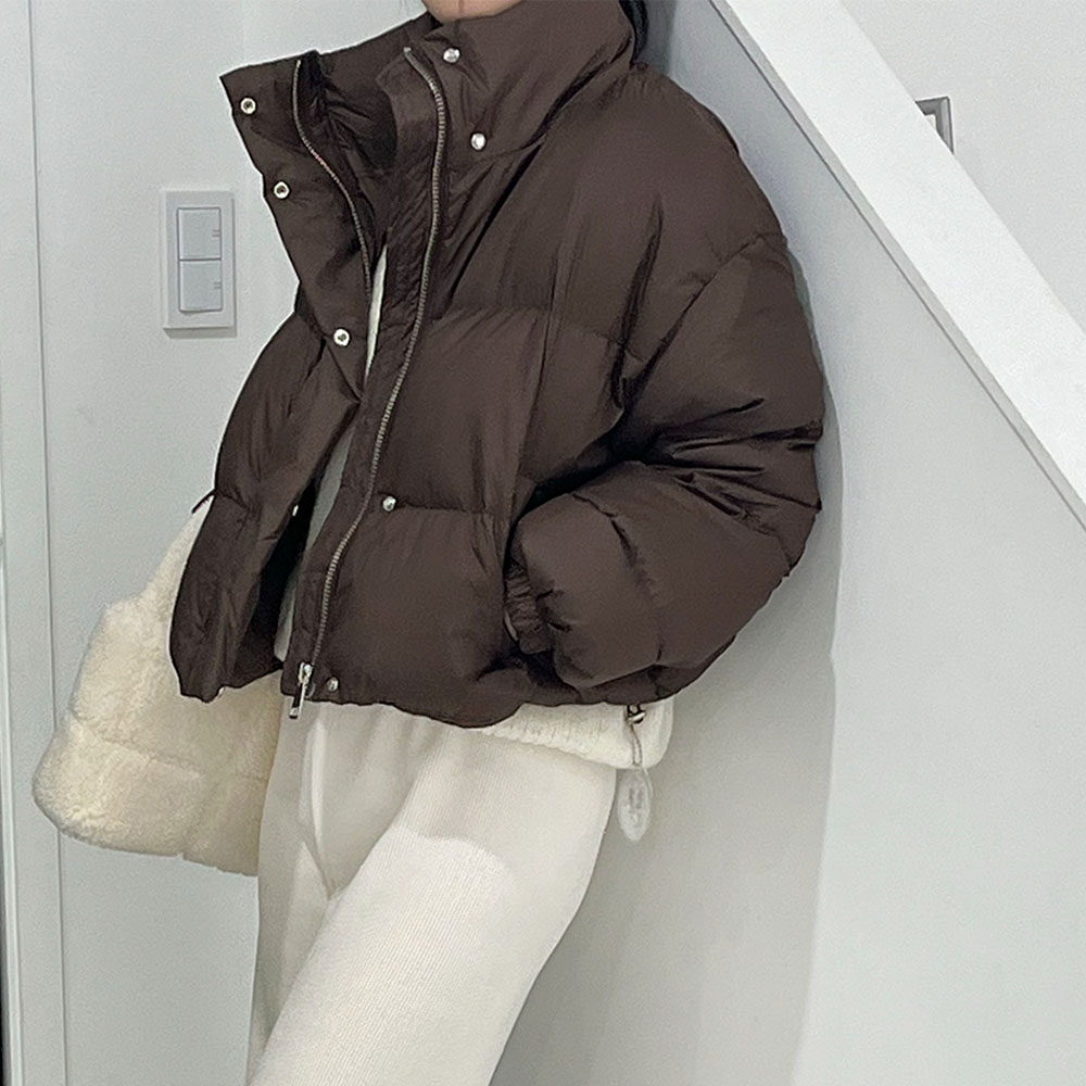 덕다운숏패딩 오리털 카라 스트링 점퍼 블랙 브라운 - 상품 이미지