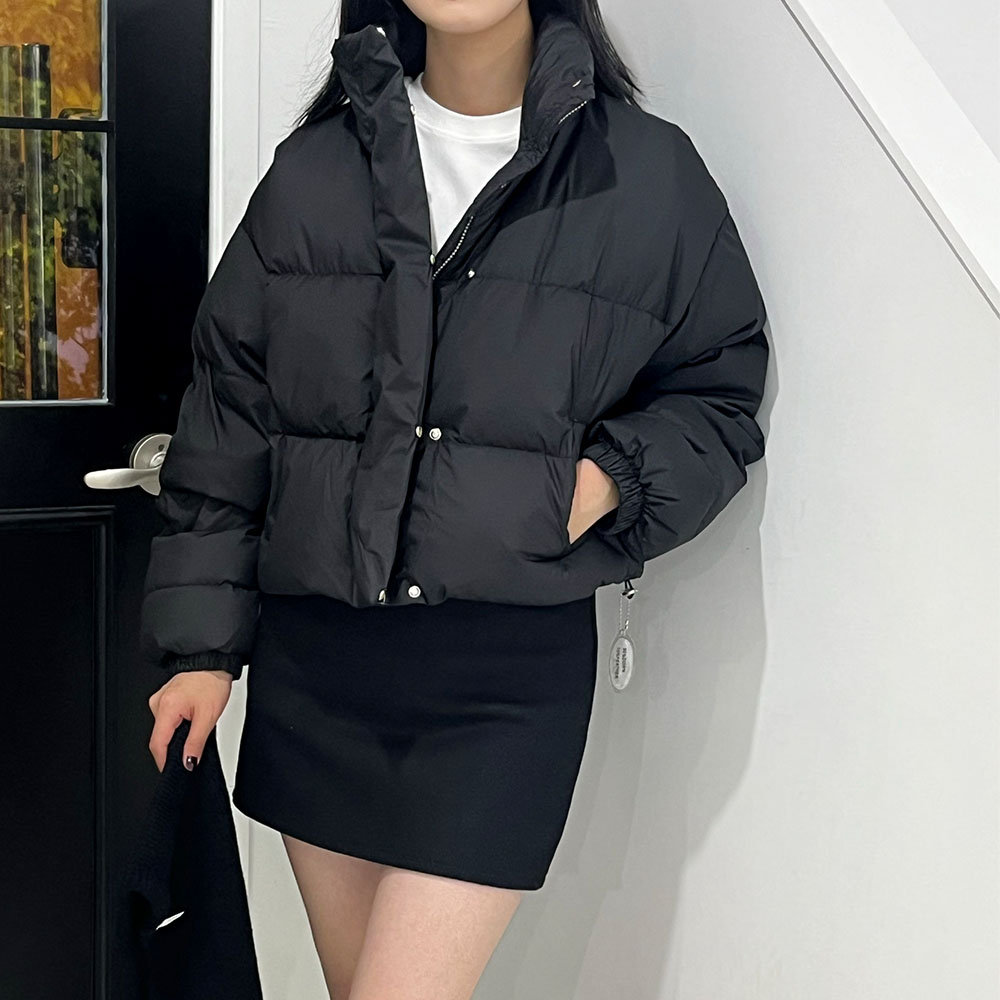 덕다운숏패딩 오리털 카라 스트링 점퍼 블랙 브라운 - 상세 이미지 5