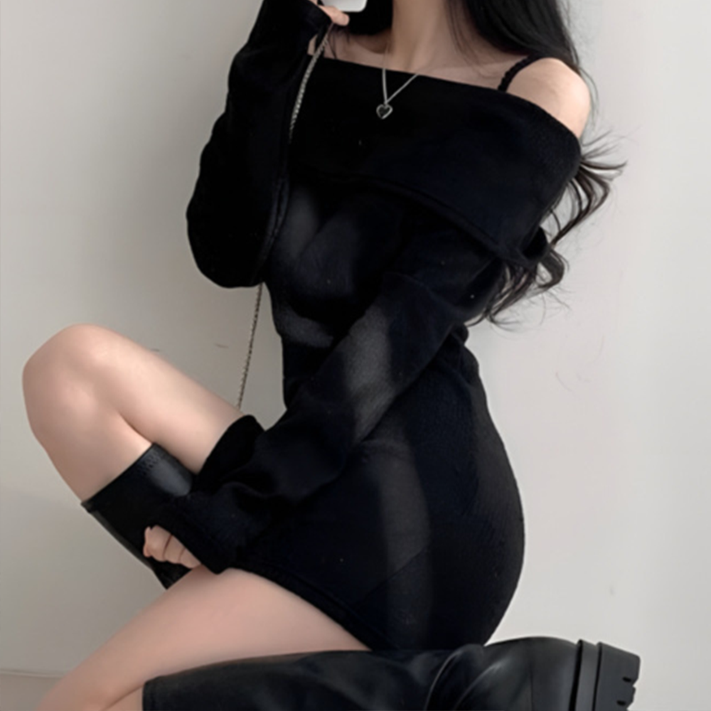 오프숄더 원피스 미니 숏 긴팔 봄 가을 겨울 여름 파티룩 연말 골지 20대 여자 여성 - 상품 이미지