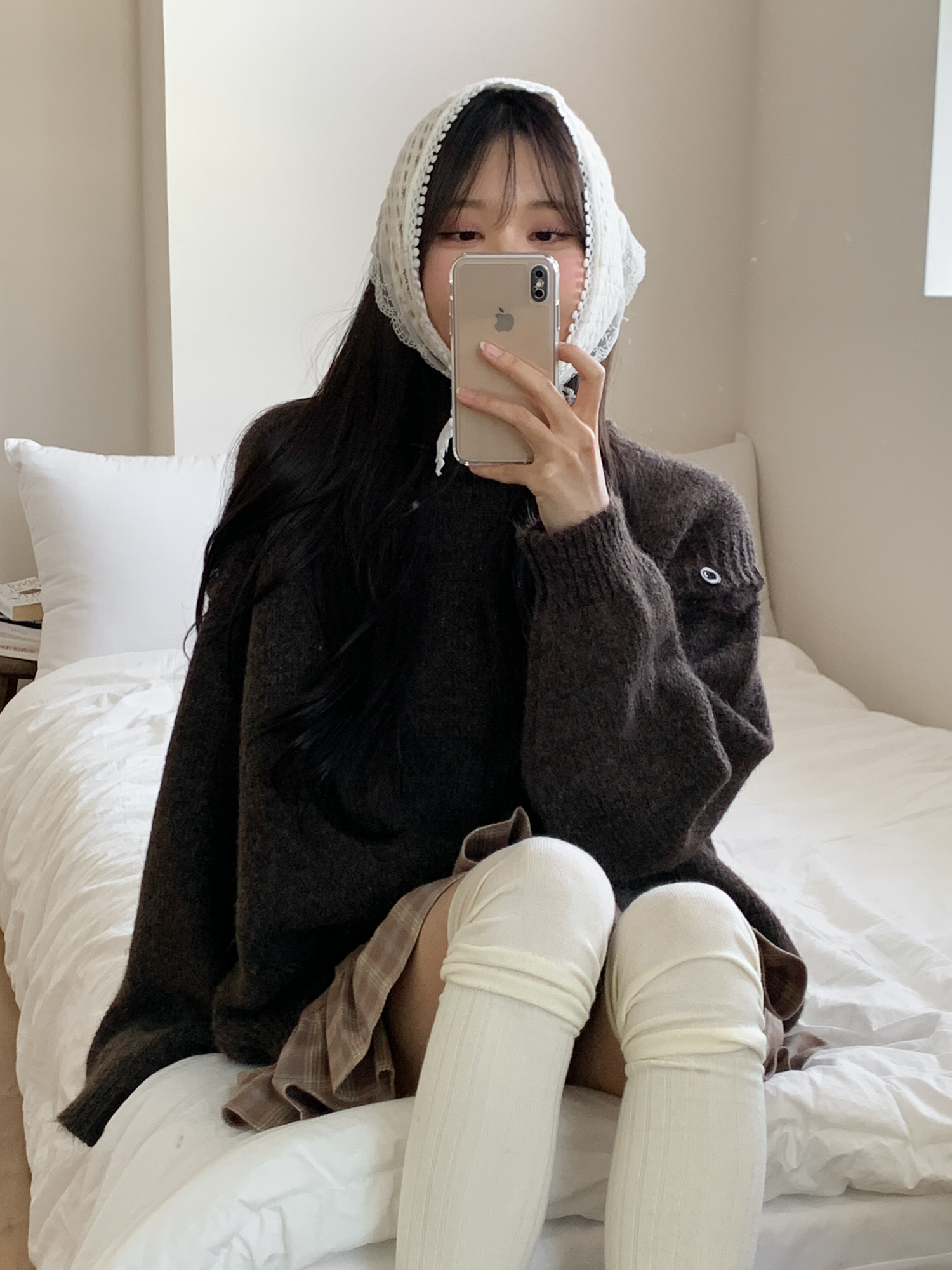[러블리무드] 에로우 네트 레이스 니트 헤어 두건 2color 상세 이미지 8