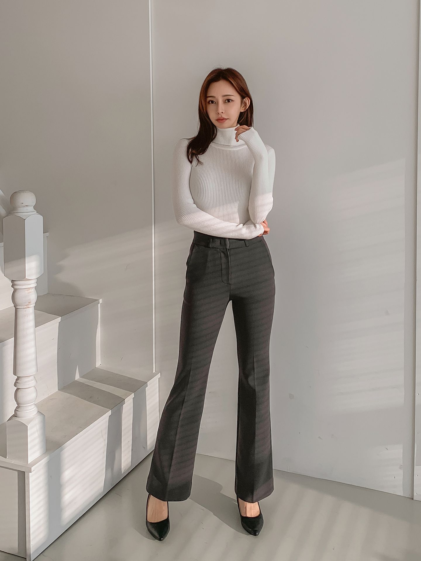 로라벨 큐델 기모바지 슬랙스 부츠컷 팬츠 여성 겨울 밴딩 세미 와이드 하이웨스트 하객룩 - 상세 이미지 3