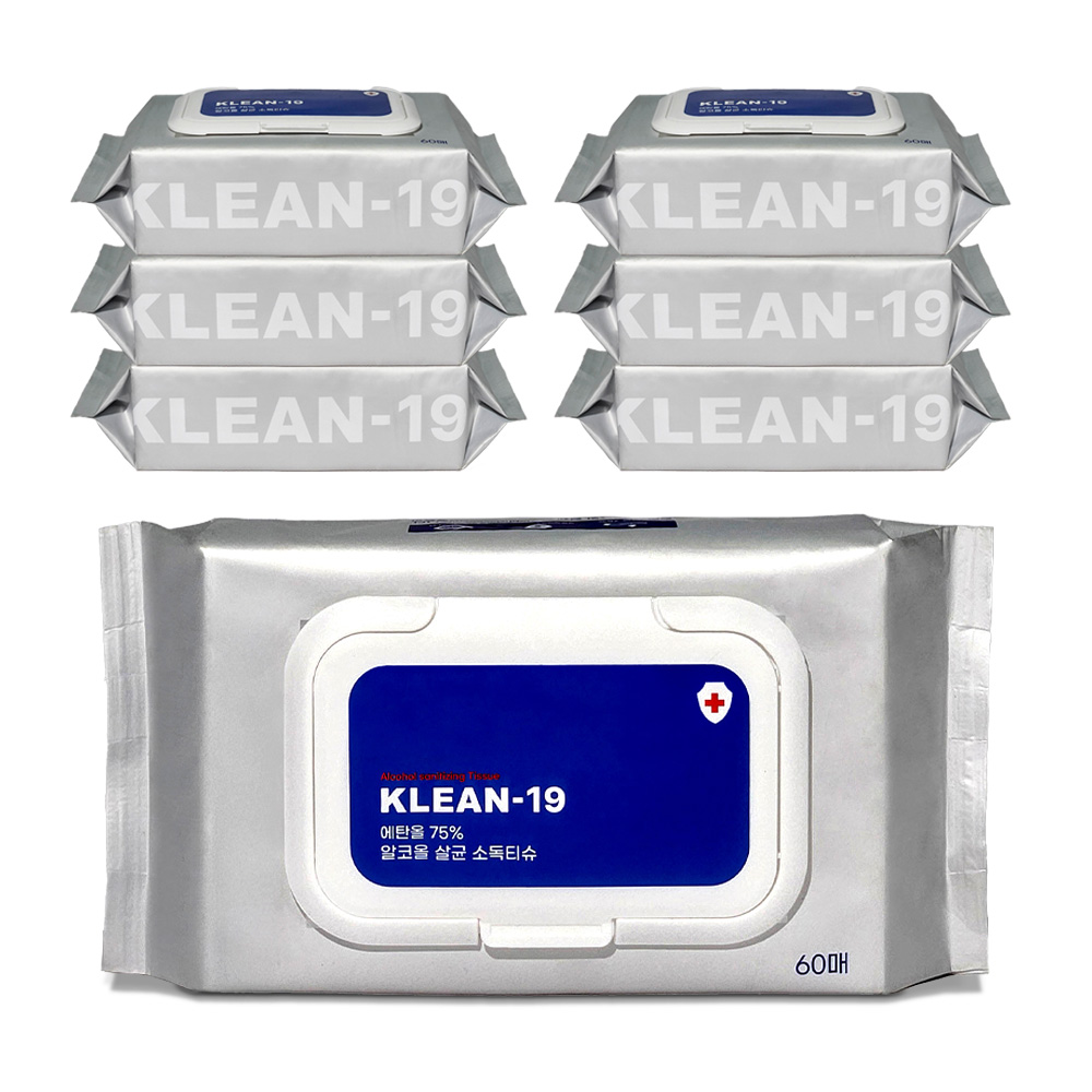 KLEAN-19 에탄올 75% 소독티슈 세정티슈 알콜 살균 차량용 캠핑 애견패드 60매