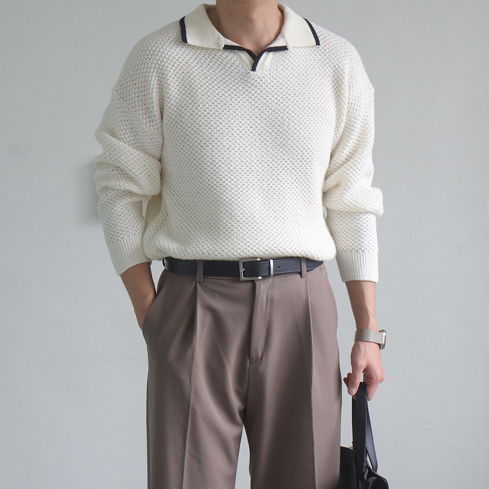 남성 오버핏 오픈카라 머슬핏 헨리넥 카라 니트 남자니트