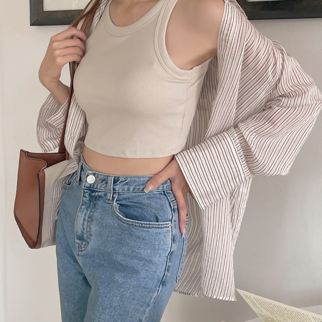 데일리 캡내장 여성 소프트 골지 심리스 크롭탑 브라렛 크롭 브라탑 민소매 나시 이미지 3