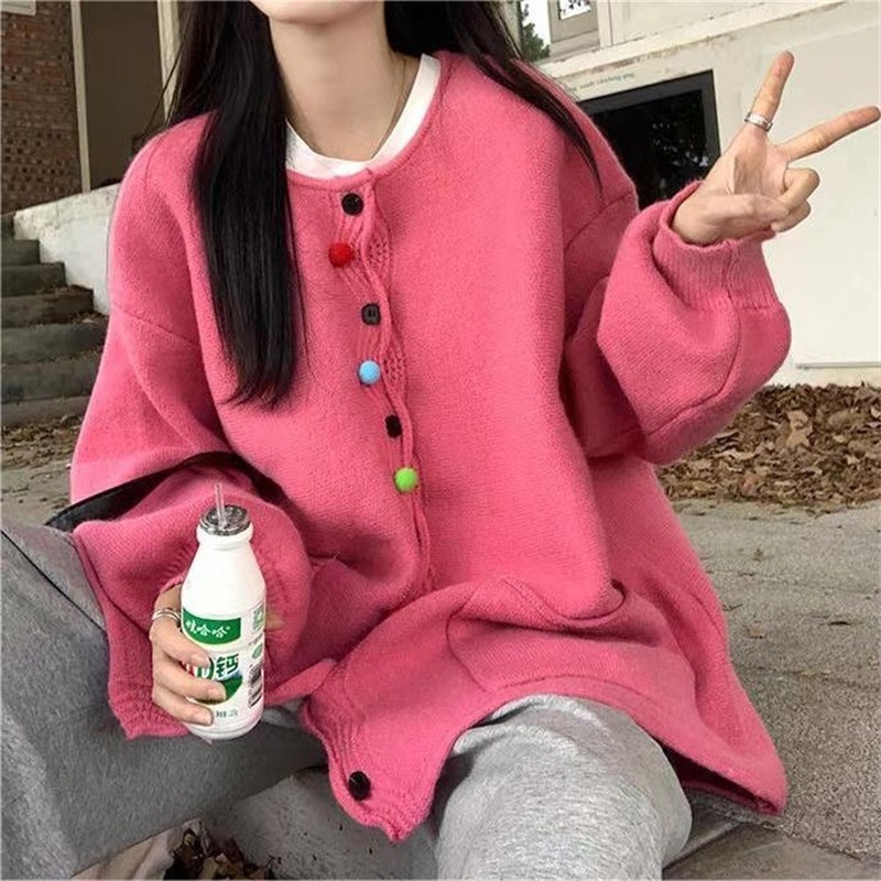 여성 빈티지 루즈핏 스웨터 컬러 볼 니트 가디건 - 상세 이미지 4