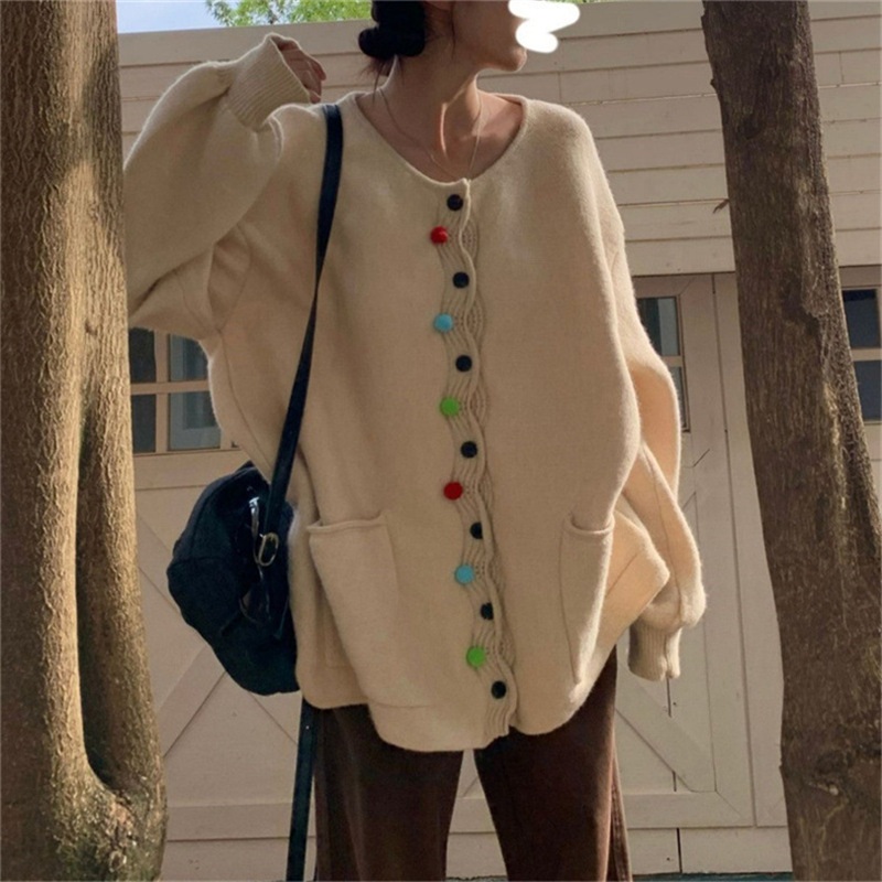 여성 빈티지 루즈핏 스웨터 컬러 볼 니트 가디건 - 상세 이미지 2