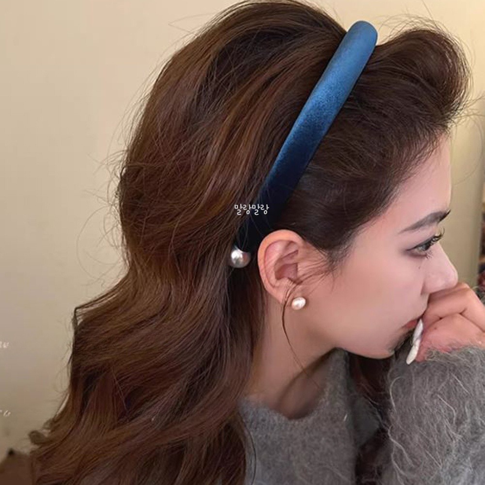 우아한 진주 벨벳헤어밴드 겨울 악세사리 포인트 볼륨머리띠 - 상세 이미지 5