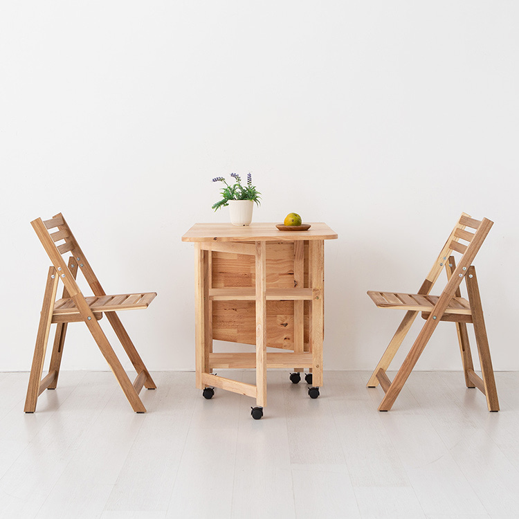 DIGOOD 이동식 접이식테이블 고무나무 + TANG 원목접이식의자 2인 세트