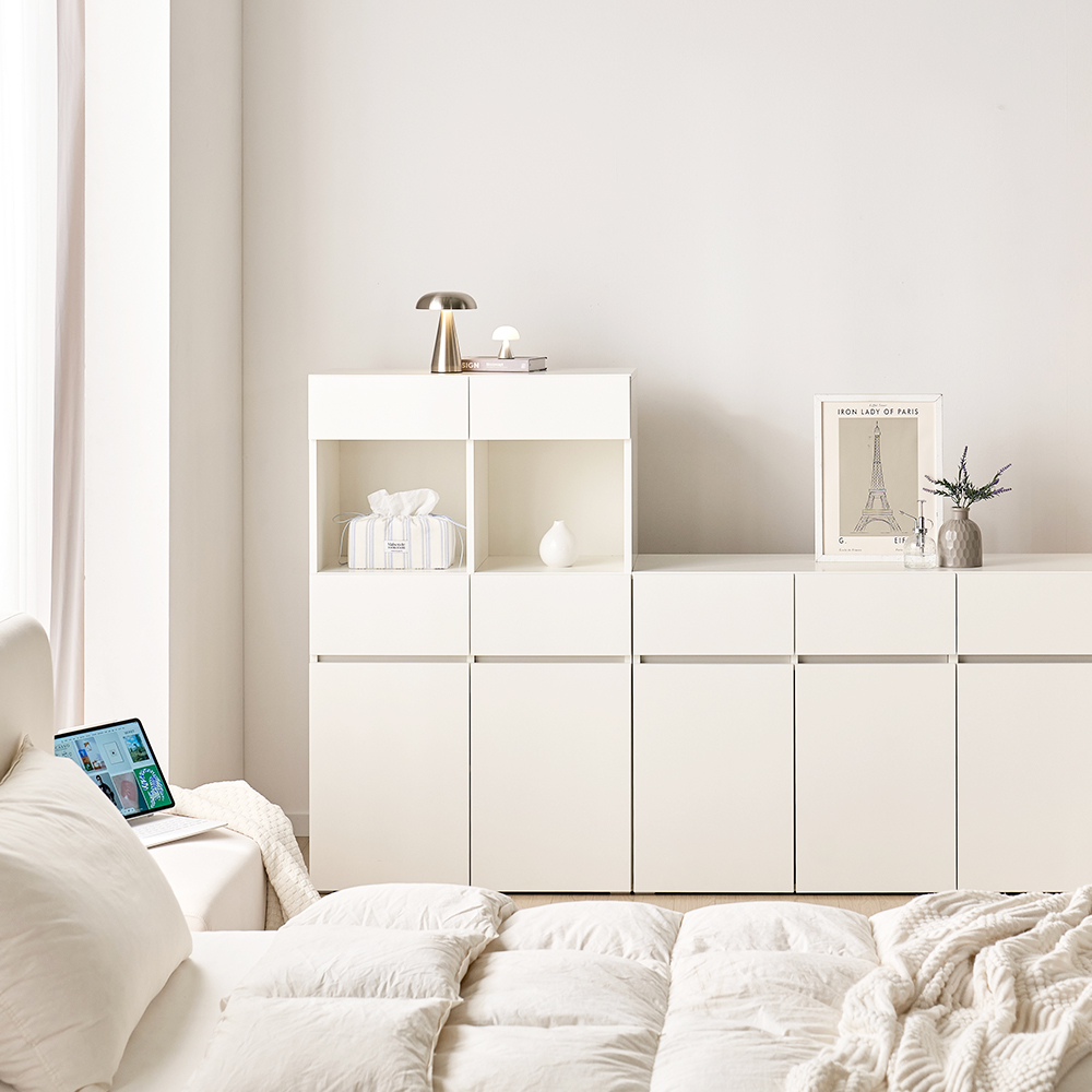 [기본형] 조아 수납장 모듈 다용도 거실 베란다 (더높은연장/1단 오픈 서랍형800), 5단, 화이트