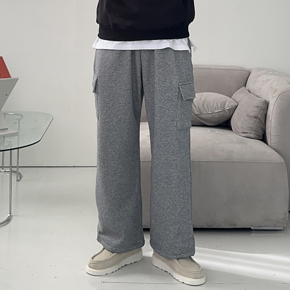 남자기모바지 남성 밴딩 겨울 커플 기모 카고 와이드 팬츠 - 상세 이미지 4