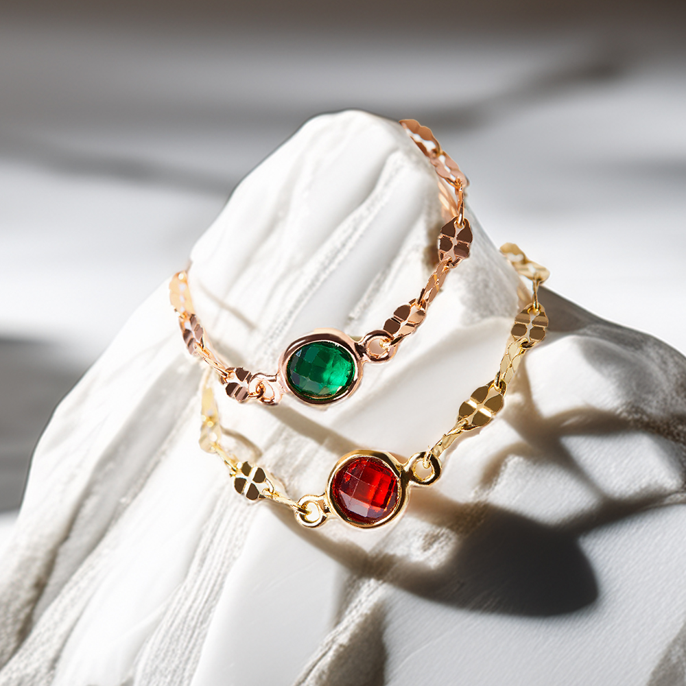 14K 18K 행운의 네잎 클로버 탄생석 큐빅 체인 금 반지