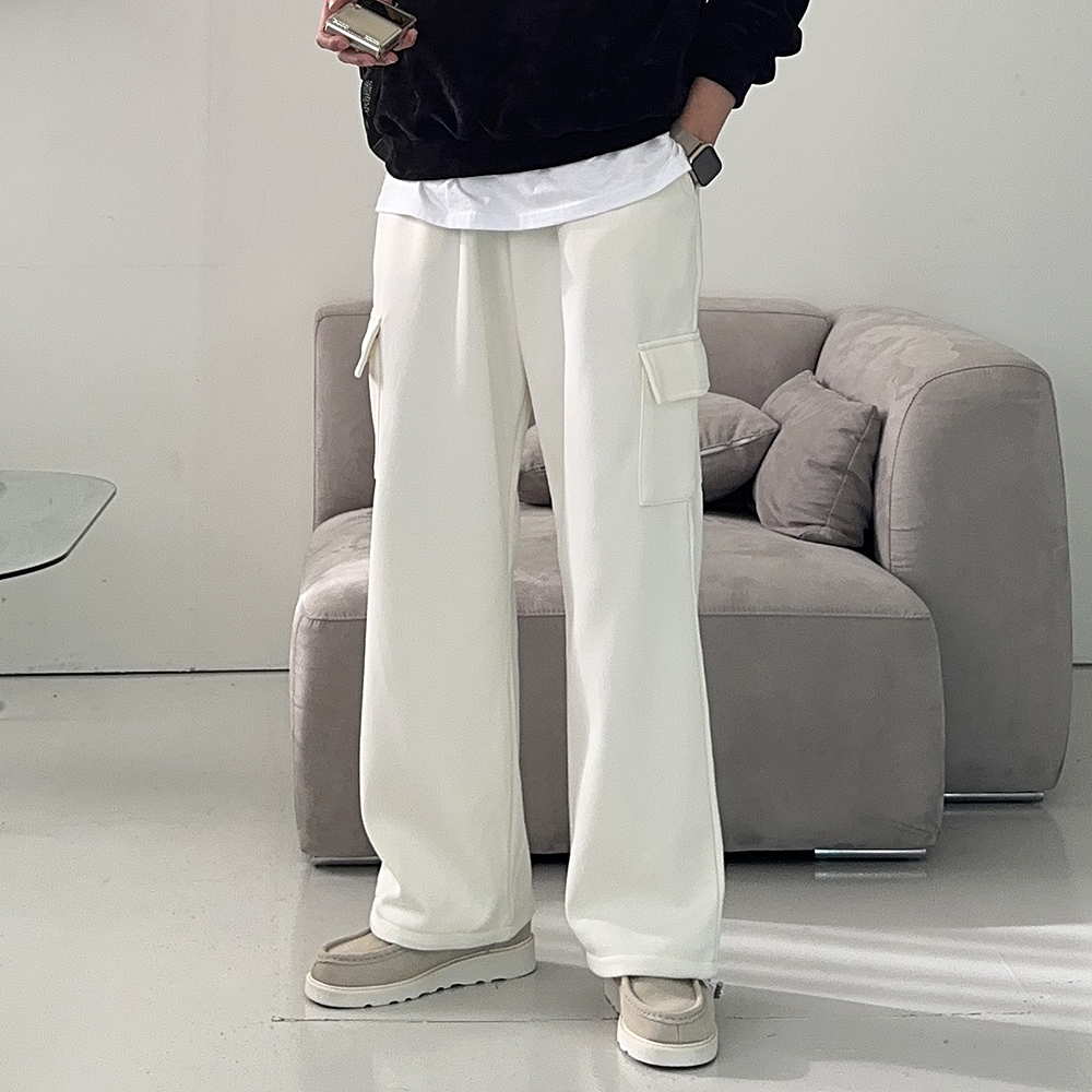 남자기모바지 남성 밴딩 겨울 커플 기모 카고 와이드 팬츠 - 상세 이미지 2