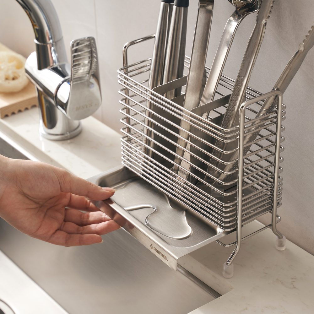 퓨어셀 304 올스텐 3구 물빠짐 수저통 수저꽂이