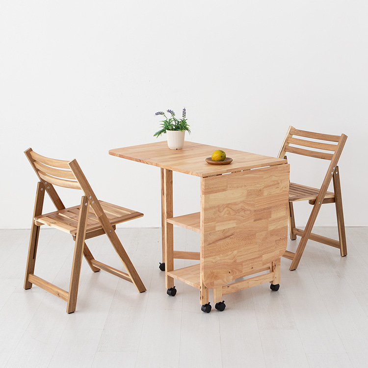 DIGOOD 이동식 접이식테이블 고무나무 + TANG 원목접이식의자 2인 세트