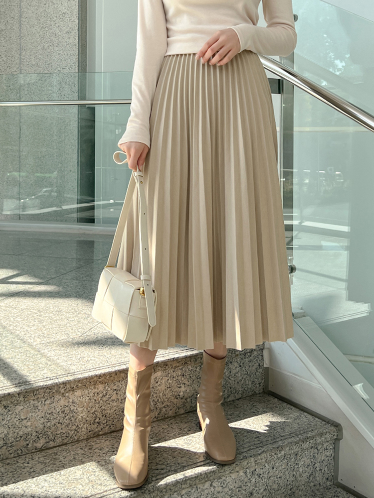 울 플리츠 가을 겨울 모직 밴딩 플레어 롱 스커트 제품 이미지