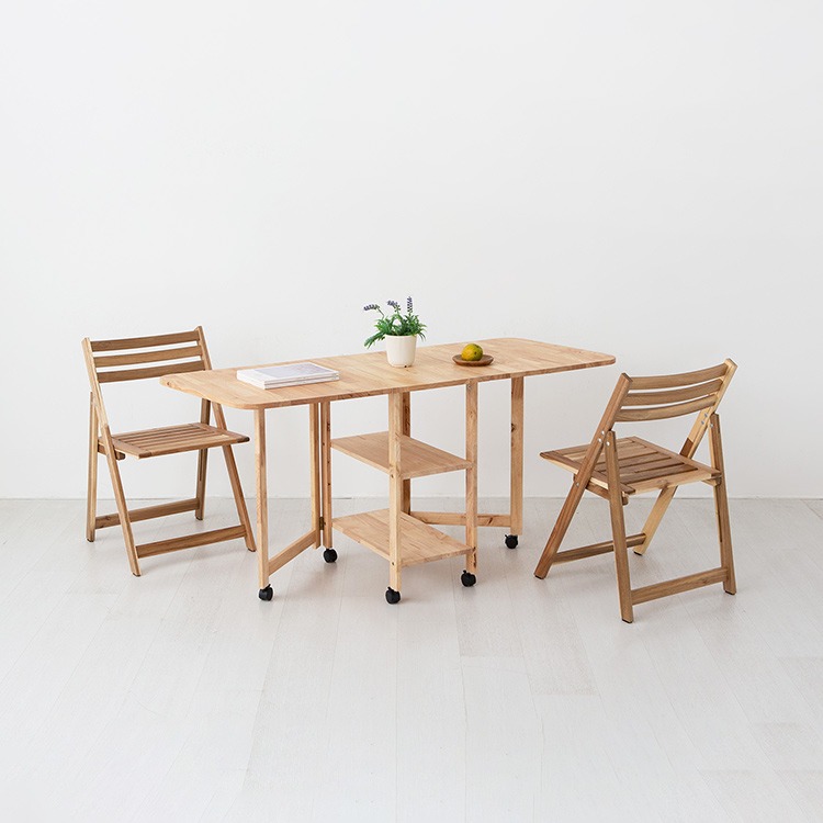 DIGOOD 이동식 접이식테이블 고무나무 + TANG 원목접이식의자 2인 세트