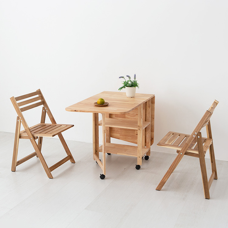 DIGOOD 이동식 접이식테이블 고무나무 + TANG 원목접이식의자 2인 세트
