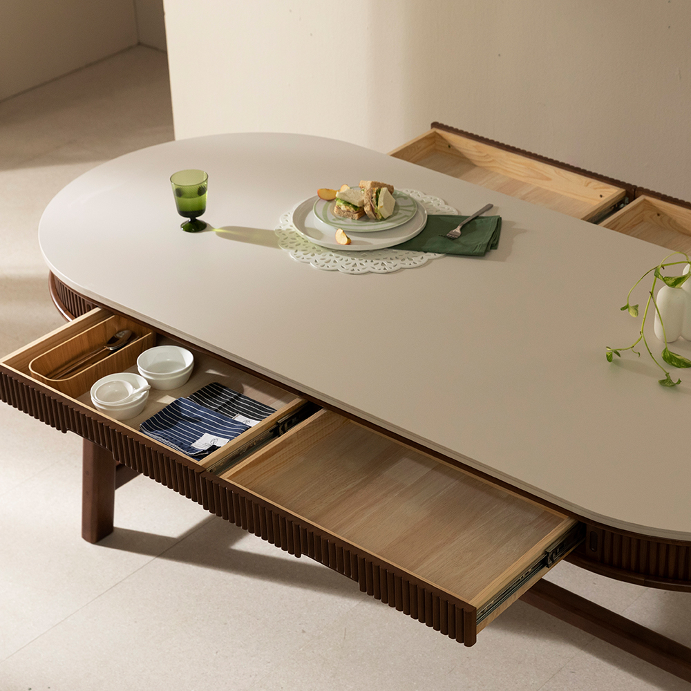 [4인 타원 식탁] 미코하임 비너스 18T 양면 포세린 세라믹 식탁 서랍형 수납 원목 테이블 1500mm, 타원(내추럴)