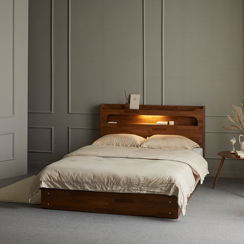 장인가구 메이비 LED 직선헤드 수납 침대프레임 Q +본넬매트 (높이230)