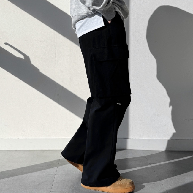 남자 레키 봄 가을 핀턱 스트링 밴딩 와이드 카고 면바지 - 상세 이미지 3