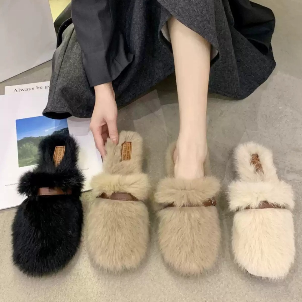인조토끼털 뮬 슬리퍼 굽3cm 가을 겨울 폭신 귀여운 실내화 사무실 베이지 블랙 3컬러 - 상품 이미지