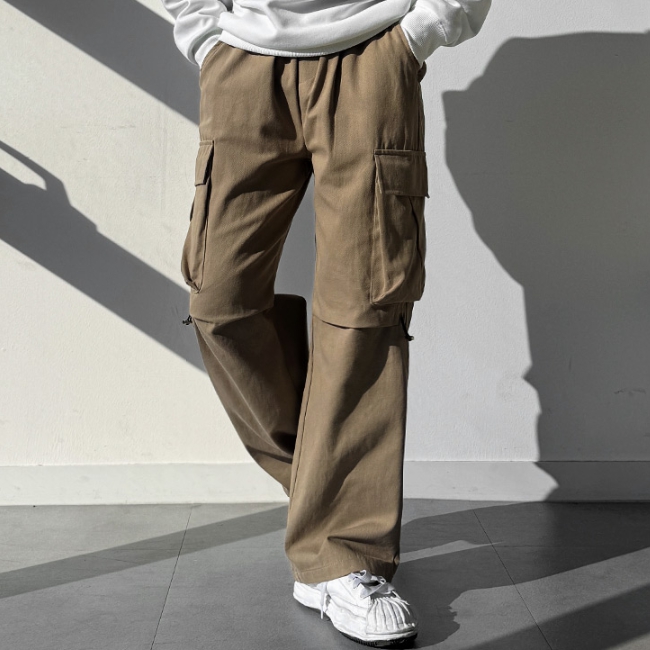 남자 레키 봄 가을 핀턱 스트링 밴딩 와이드 카고 면바지 - 상세 이미지 4