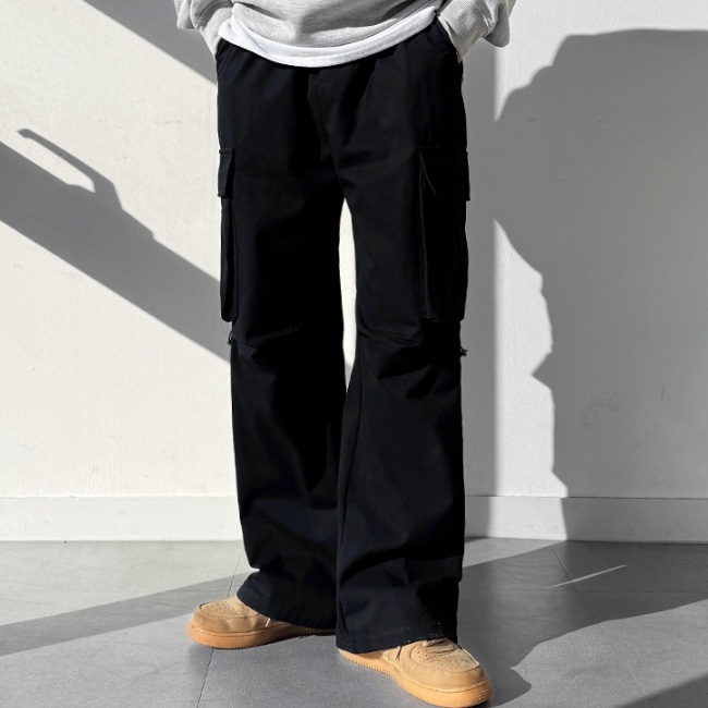 남자 레키 봄 가을 핀턱 스트링 밴딩 와이드 카고 면바지 - 상품 이미지