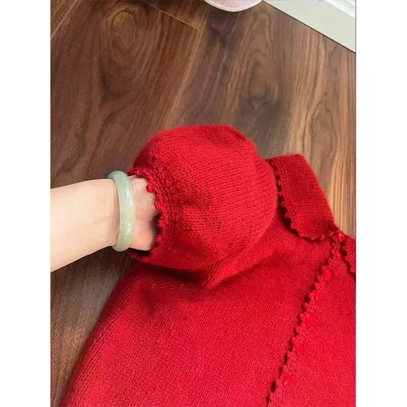 하이엔드 니트 탑 스웨터 퍼프 슬리브 스몰 라펠 울트라 반팔 레드 여성 목폴라 터틀넥 이너 XL - 상세 이미지 4