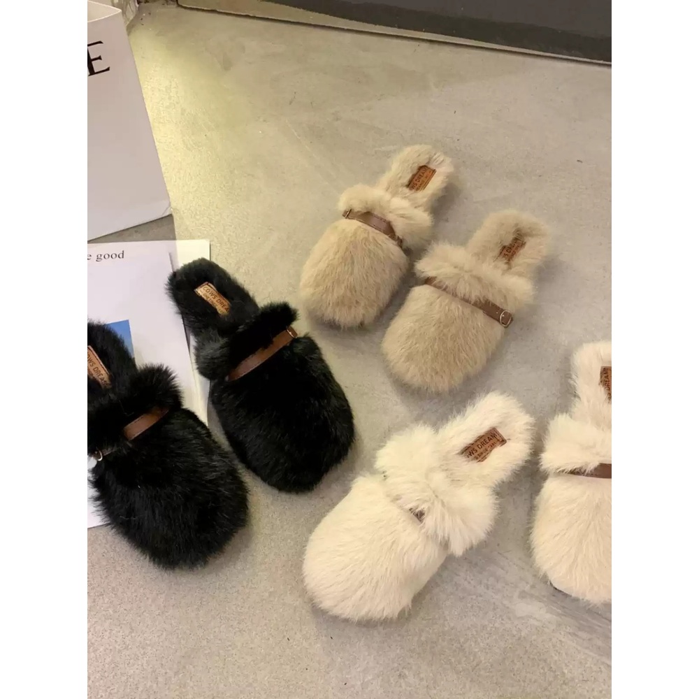 인조토끼털 뮬 슬리퍼 굽3cm 가을 겨울 폭신 귀여운 실내화 사무실 베이지 블랙 3컬러 - 상세 이미지 4