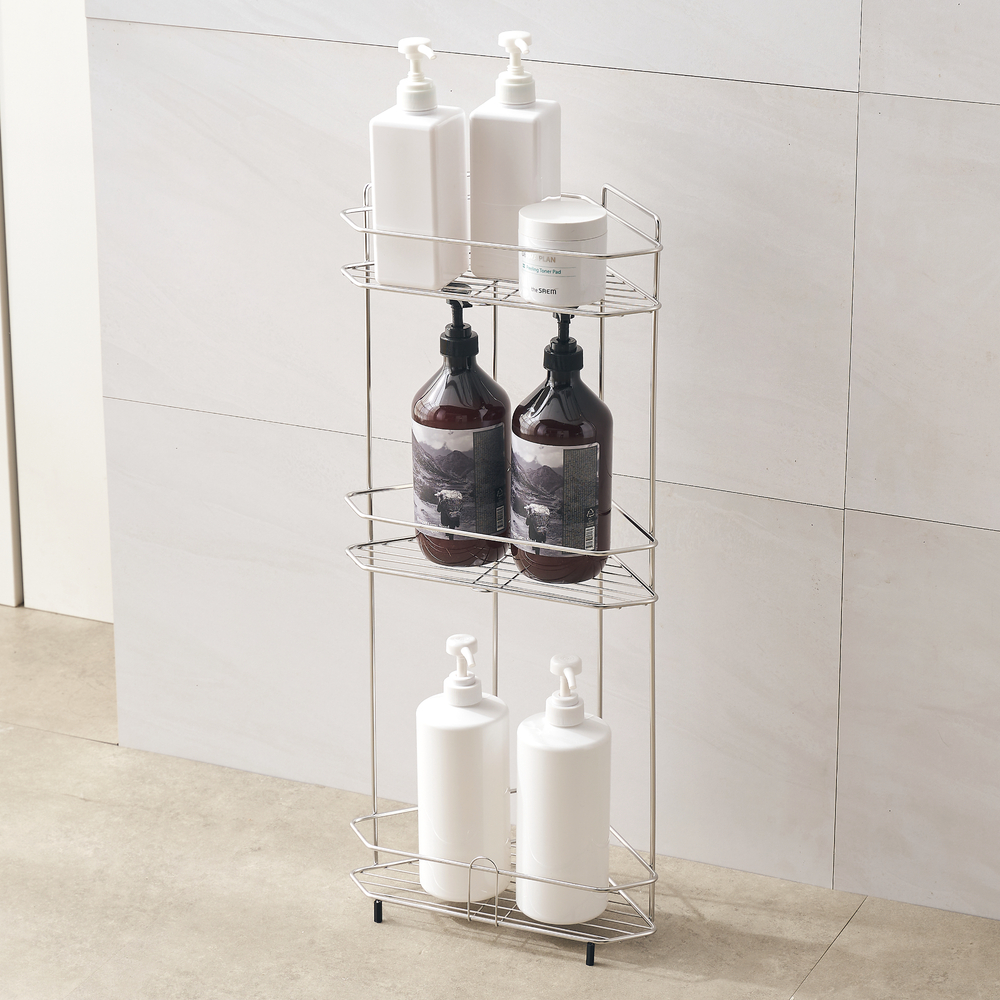 퓨어셀 무타공 올스텐 수평 조절 욕실 화장실 정리 수납 선반 코너형 3단 제품 이미지