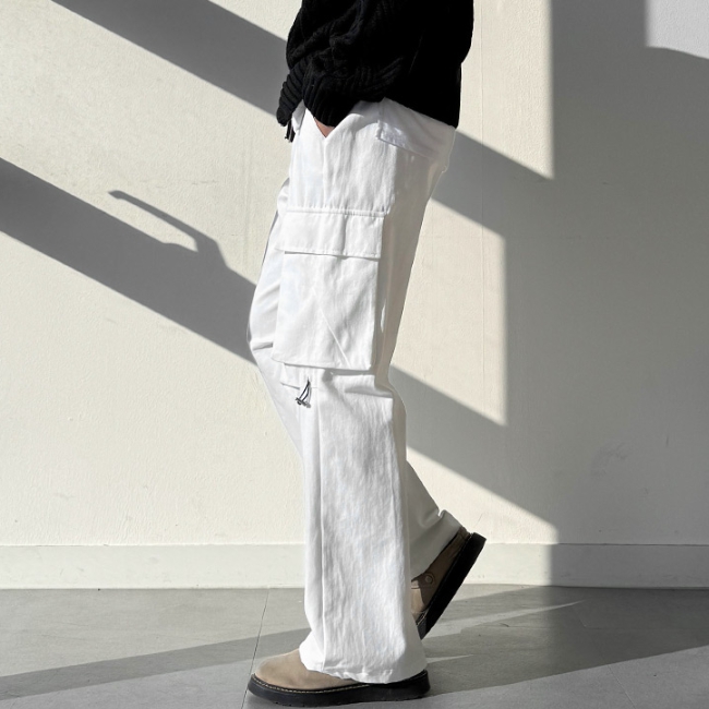 남자 레키 봄 가을 핀턱 스트링 밴딩 와이드 카고 면바지 - 상세 이미지 5