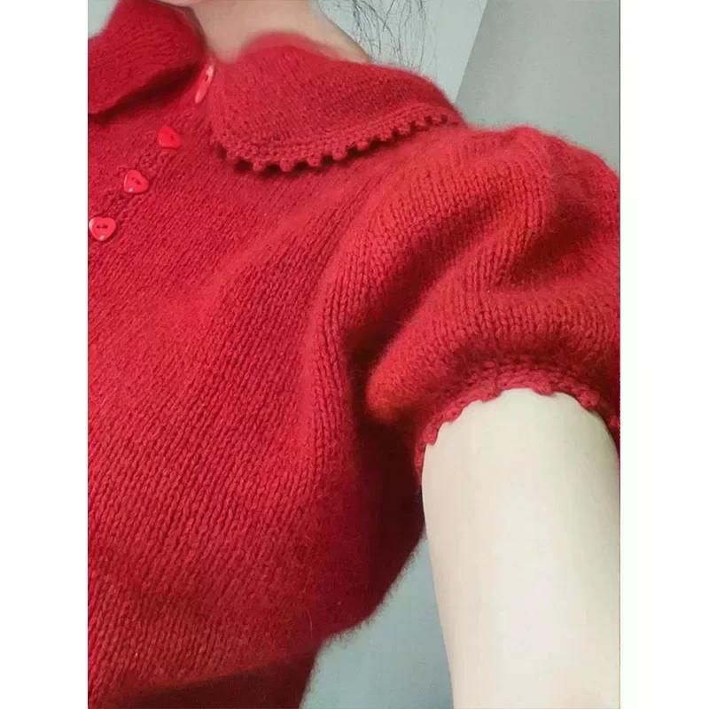 하이엔드 니트 탑 스웨터 퍼프 슬리브 스몰 라펠 울트라 반팔 레드 여성 목폴라 터틀넥 이너 XL - 상세 이미지 2