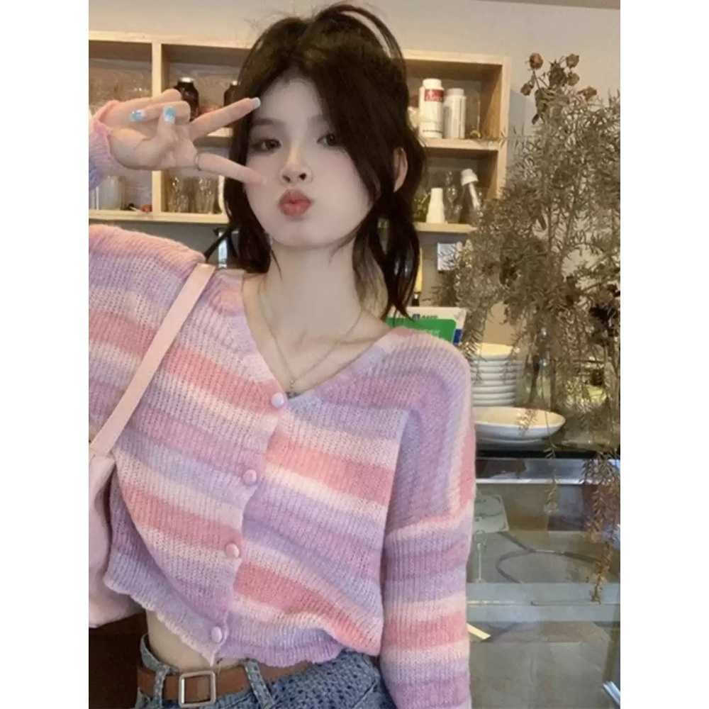 브이넥 스트라이프 가디건 퍼플 레인보우 핑크 짧은 크롭 루즈핏 패션 코디 가을 겨울 - 상세 이미지 2