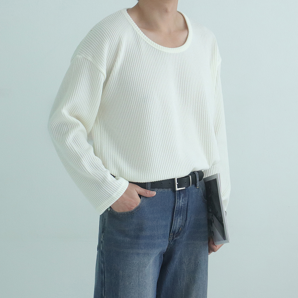 1+1 남자 니트 오버핏 골지 U넥 유넥 니트 - 상세 이미지 2