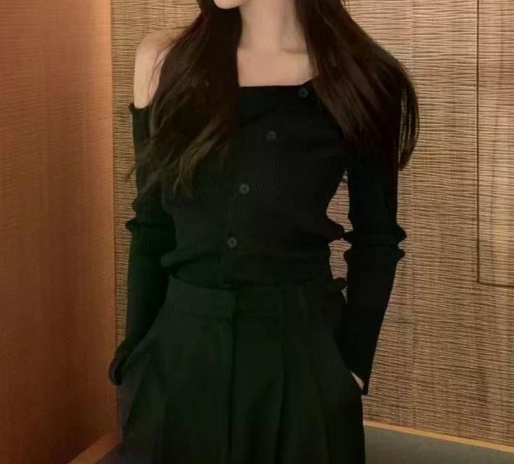 무료반품 여성 우아한 오프 숄더 슬리밍 긴 소매 니트 탑 비스듬한 칼라 디자인 풀오버 우유 - 상세 이미지 3