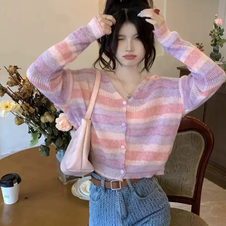 브이넥 스트라이프 가디건 퍼플 레인보우 핑크 짧은 크롭 루즈핏 패션 코디 가을 겨울 - 상품 이미지