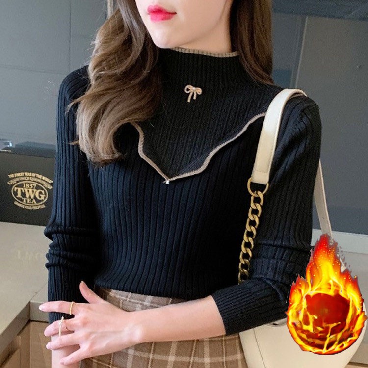여자여자몰 안감융기모 골지니트티 배색라인 반목니트 겨울이너 오피스룩 - 상세 이미지 2