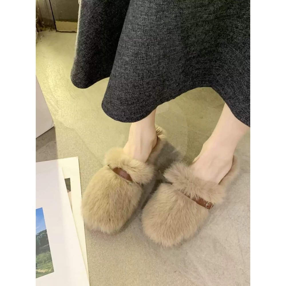 인조토끼털 뮬 슬리퍼 굽3cm 가을 겨울 폭신 귀여운 실내화 사무실 베이지 블랙 3컬러 - 상세 이미지 3