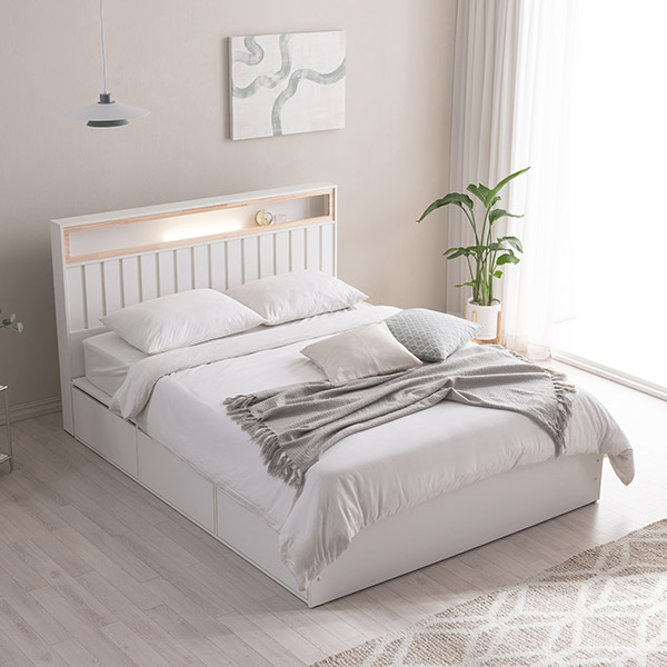 [삼익가구]히노 호텔식 편백나무 LED조명 빅수납 침대(매트제외-퀸)