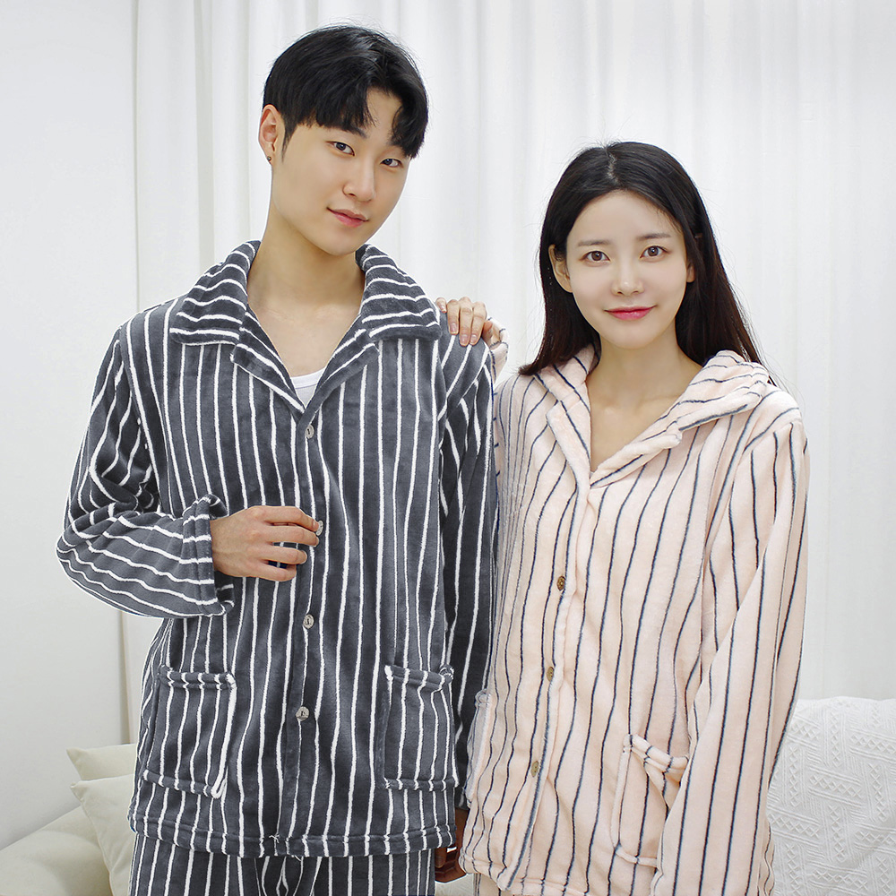 스트라이프  커플 수면 잠옷 세트 기모 극세사 겨울 - 상세 이미지 2