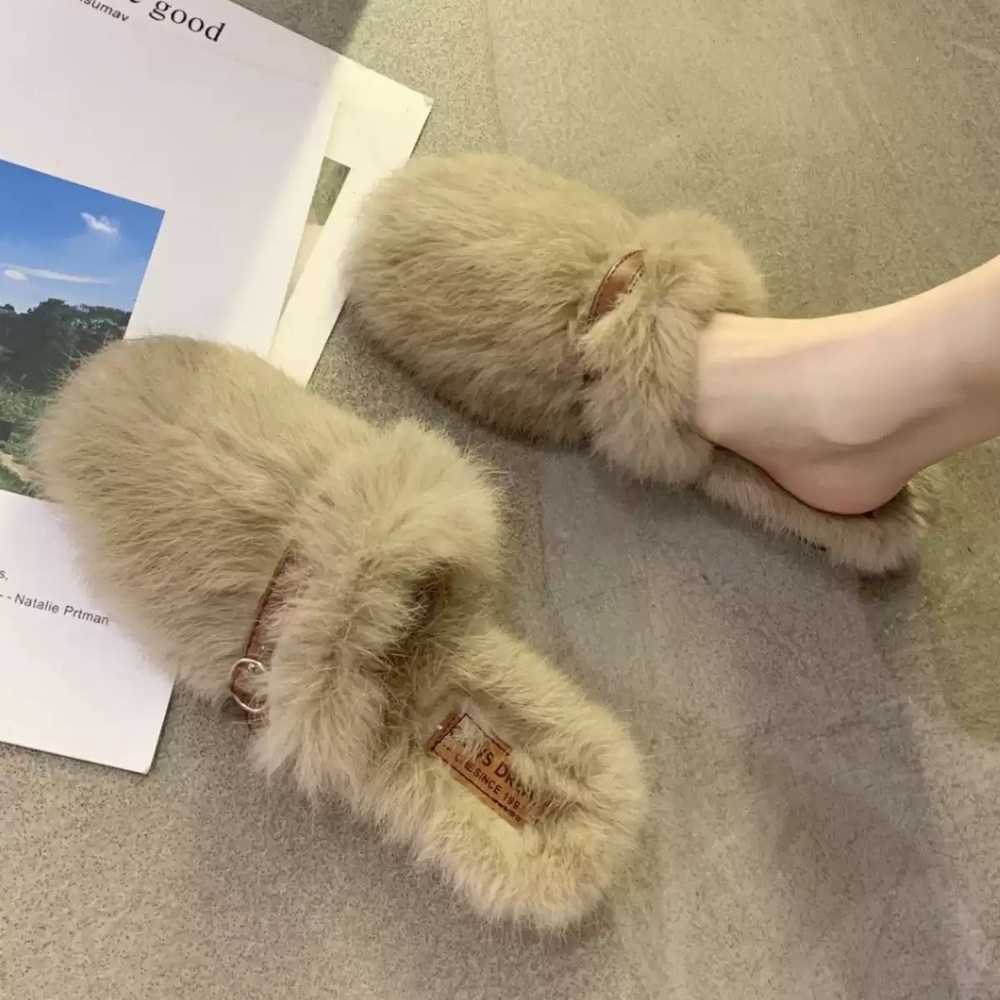 인조토끼털 뮬 슬리퍼 굽3cm 가을 겨울 폭신 귀여운 실내화 사무실 베이지 블랙 3컬러 - 상세 이미지 2