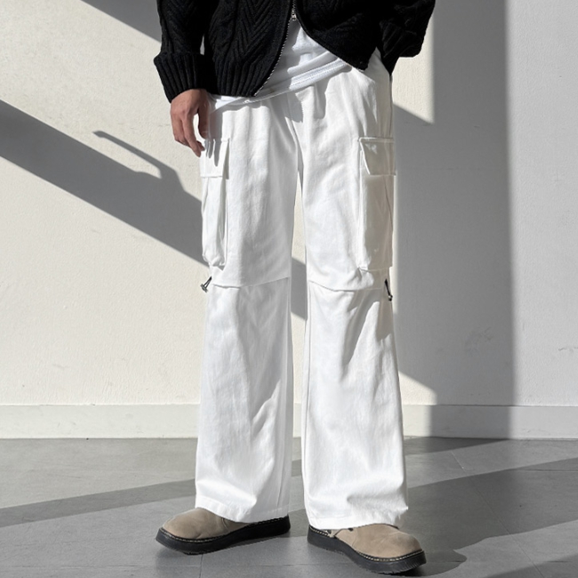 남자 레키 봄 가을 핀턱 스트링 밴딩 와이드 카고 면바지 - 상세 이미지 2