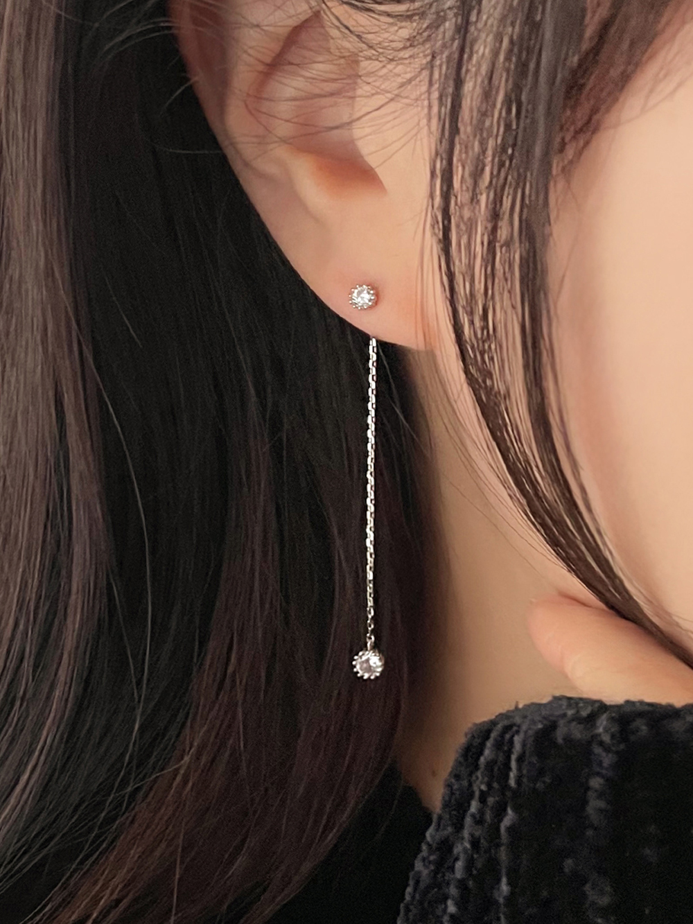[무배/은침] 더블 큐빅 롱 체인 투웨이 드롭 귀걸이 이미지