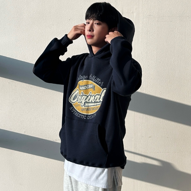 남자 공용 커플 포세 오버핏 겨울 기모 빈티지 프린팅 후드 티셔츠