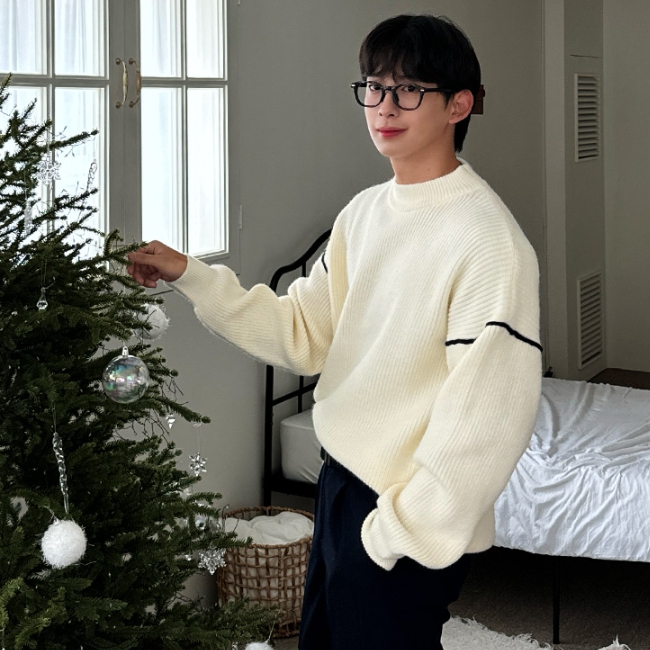 남자 지키 오버핏 루즈핏 겨울 두꺼운 라운드 라인 니트 - 상품 이미지